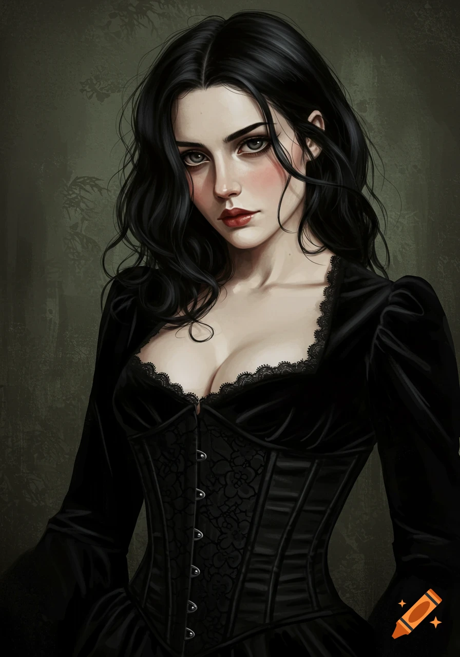 A digital painting in Victorian realism style of a woman with long dark hair, pale skin, wearing a black lace and velvet corset dress, against a dark background.