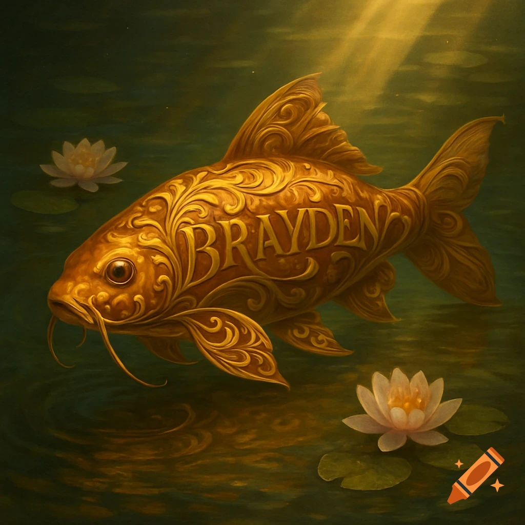 A golden, ornamental koi fish with the name BRAYDEN embossed on its body, swimming in dark water with water lilies.