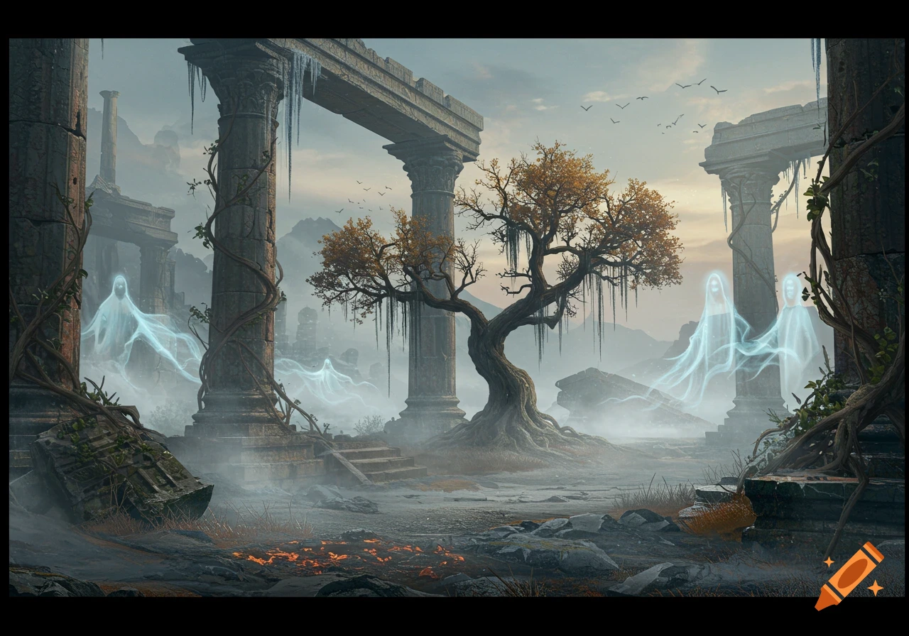 Ethereal ghost figures float through misty ancient ruins with towering columns and a gnarled tree under a pale sky.
