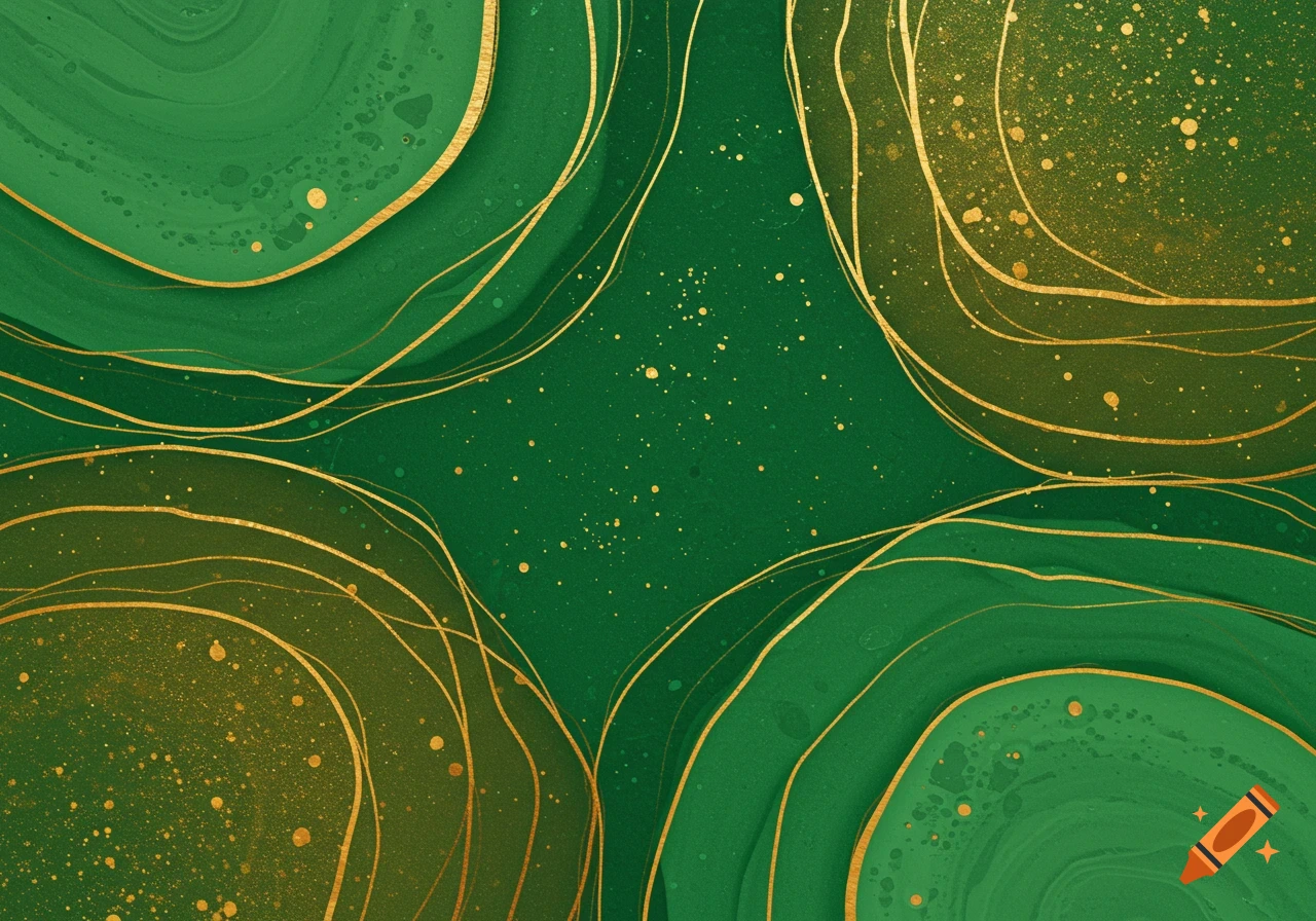 Abstract artwork with swirling green and gold rounded texture areas, accented by thin, wavy gold lines and speckles.