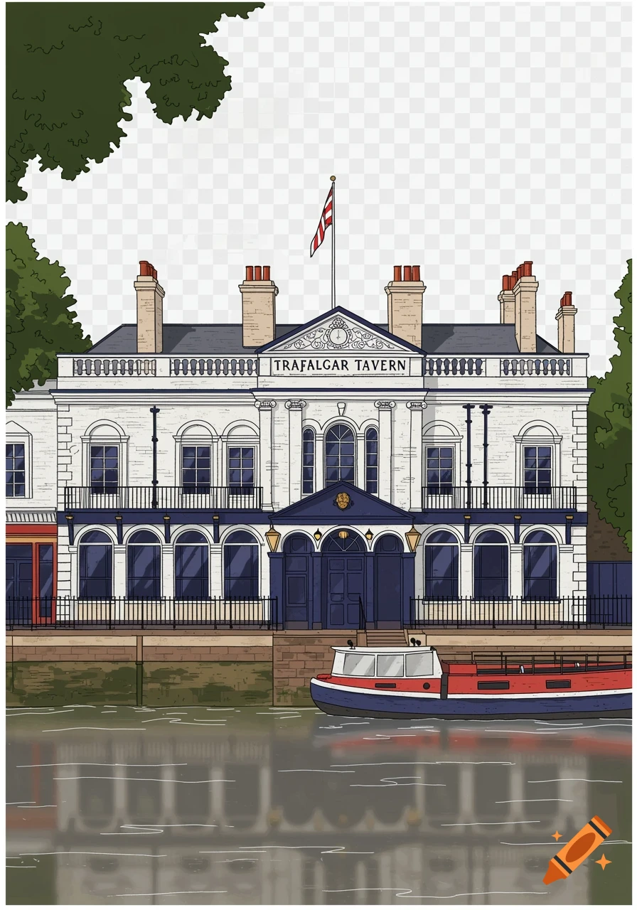 Vector illustration of the Trafalgar Tavern pub in London, seen from the water with a boat in front. The building is white and blue.