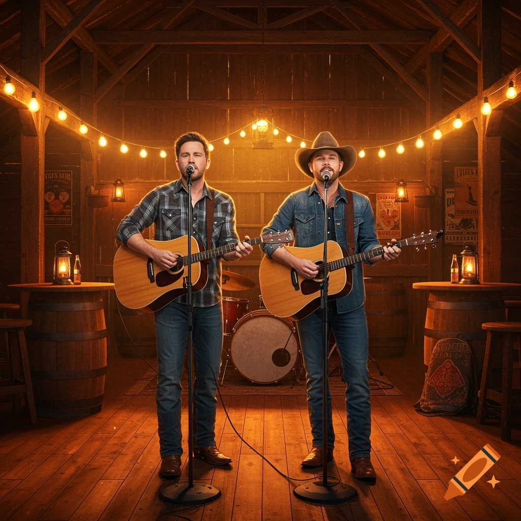 Two men, one in a cowboy hat, playing acoustic guitars and singing on stage in a rustic barn lit by string lights.