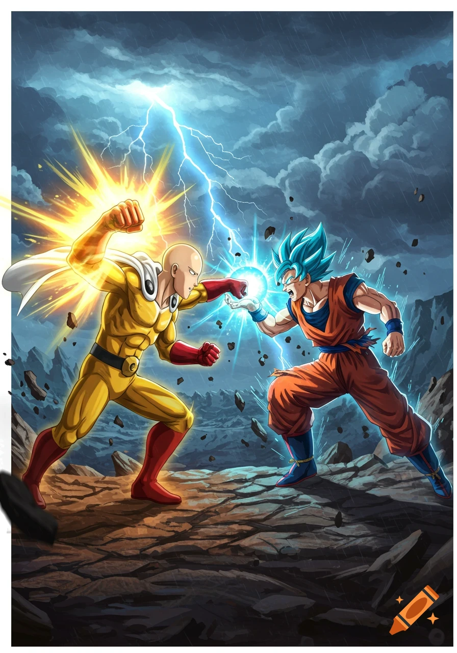 Anime style illustration of One-Punch Man punching Goku as he fires a blue energy blast, set against a stormy sky.