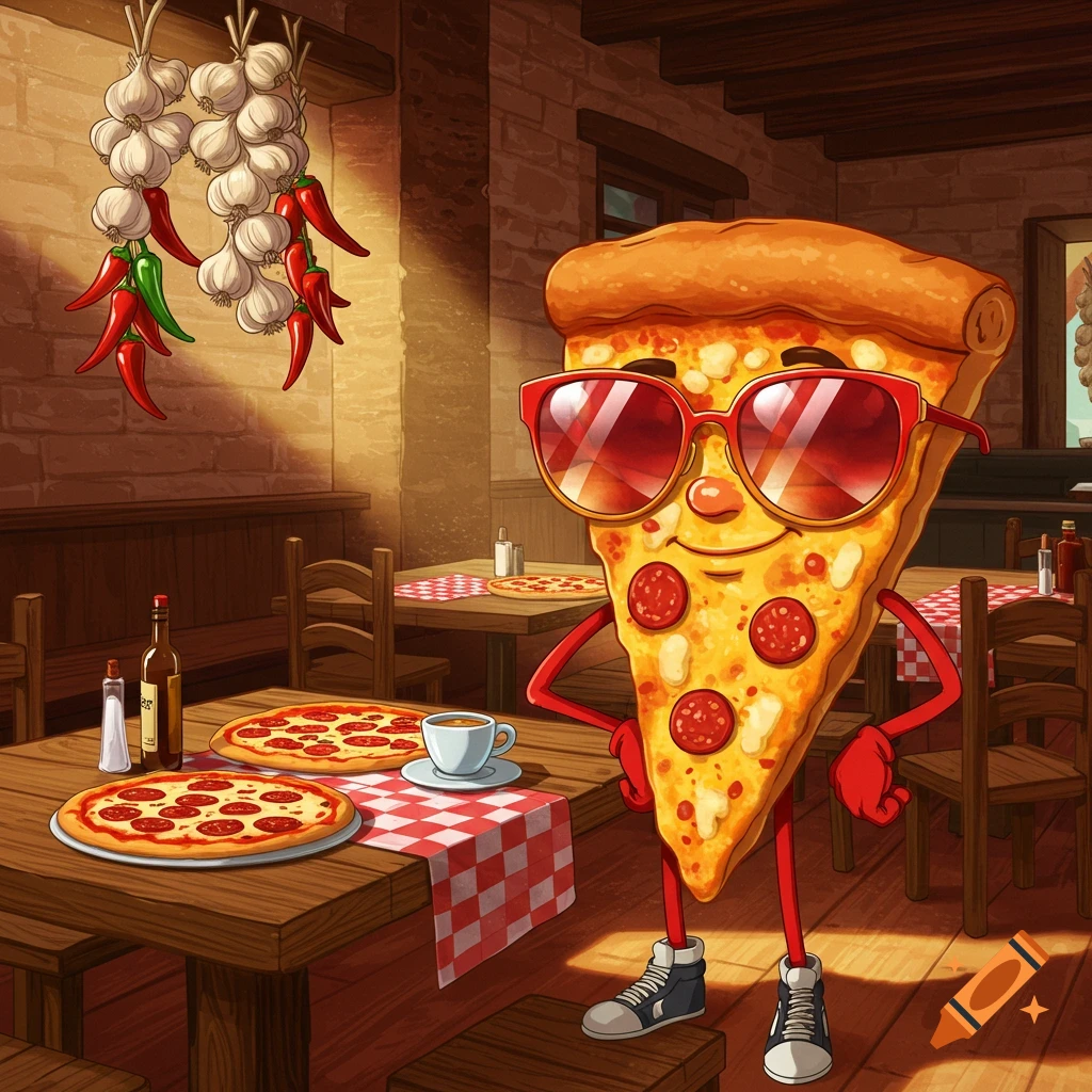 A cartoon slice of pizza with a face, red sunglasses, arms, and legs stands in an Italian restaurant.