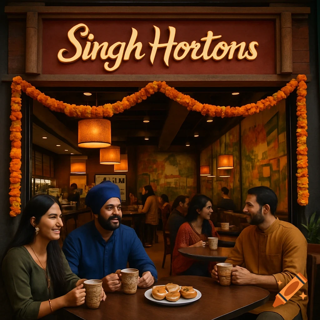 Photorealistic image of people sitting at a table in 'Singh Hortons' cafe, adorned with orange flower garlands, enjoying coffee and donuts.