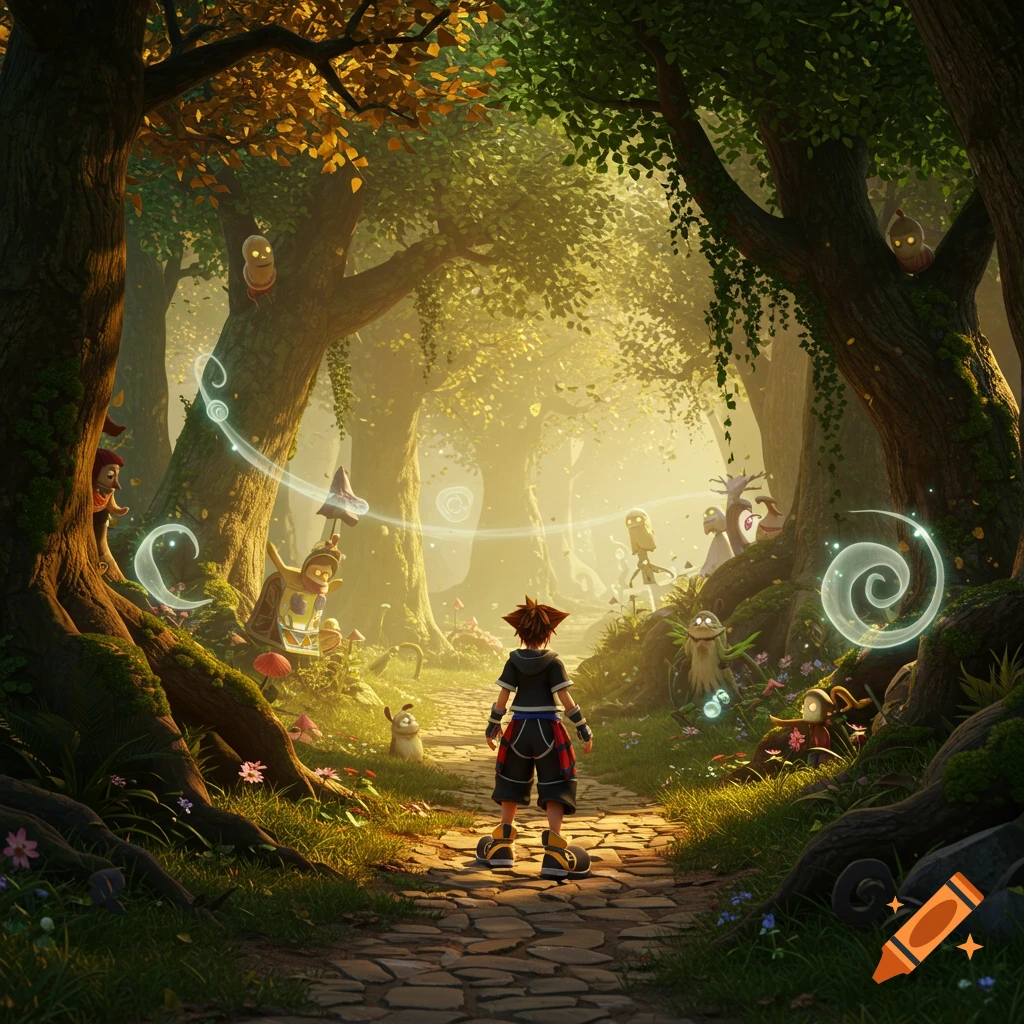 Sora from Kingdom Hearts stands on a stone path in a magical, sunlit forest surrounded by whimsical creatures.