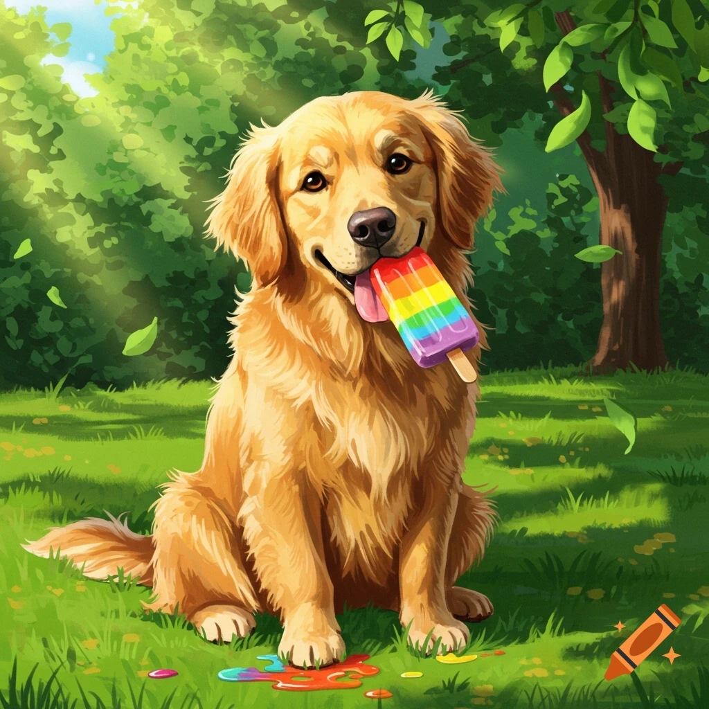 A happy golden retriever sits in a grassy park, holding a rainbow popsicle in its mouth, with melted drips on the ground. Illustrated.