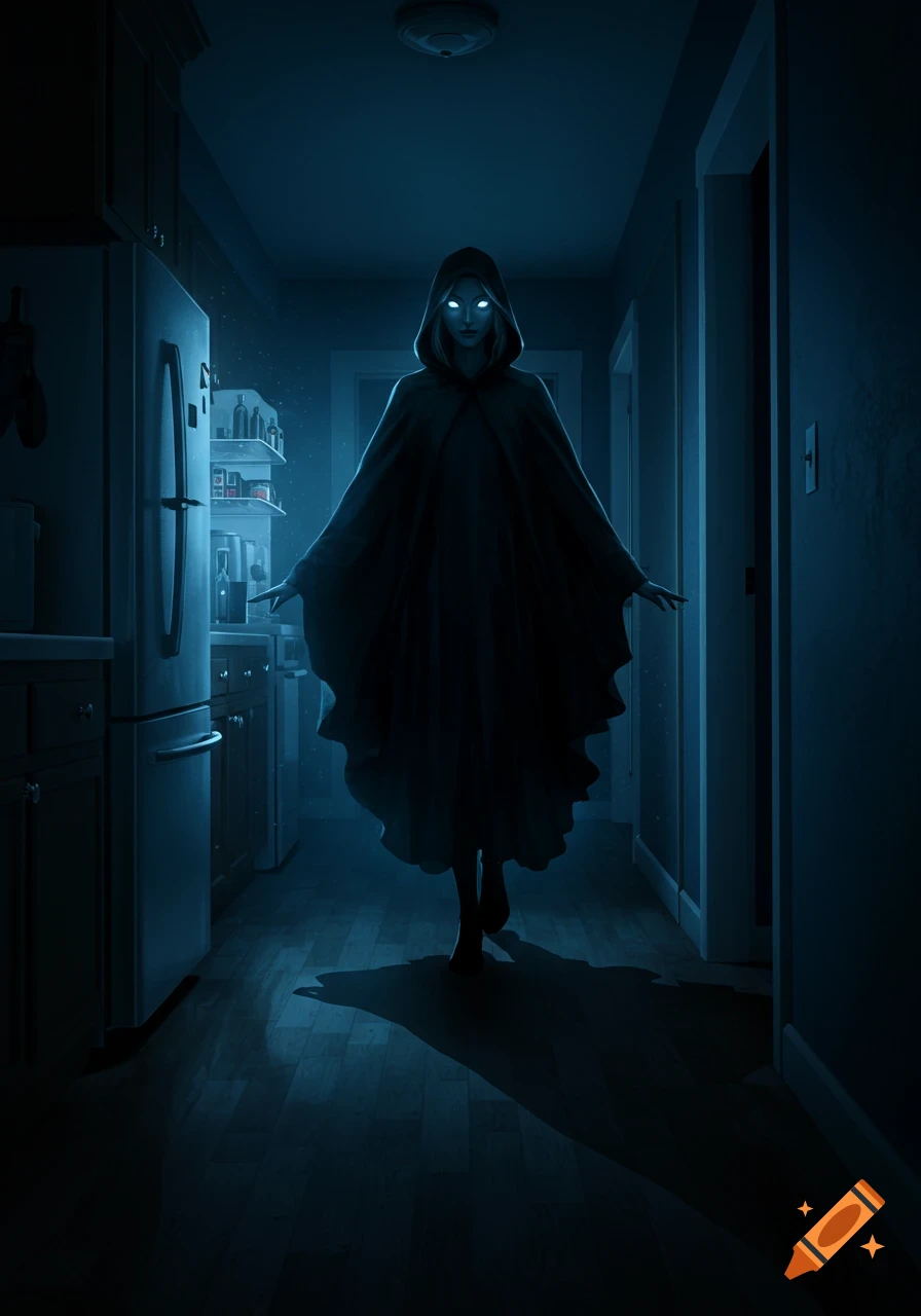 A dark, hooded figure with glowing eyes stands in a dimly lit hallway and kitchen, casting long shadows.