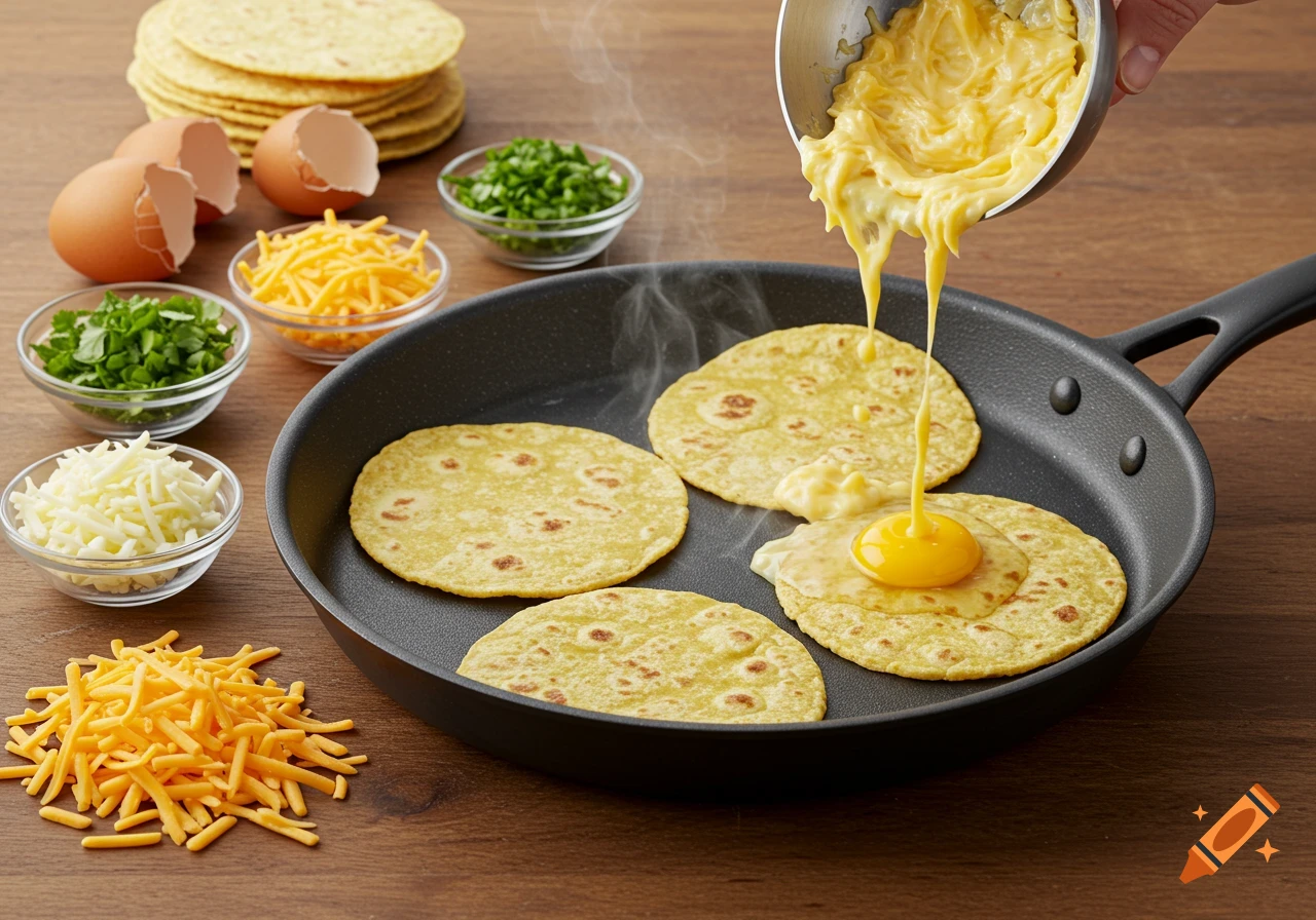 Scrambled eggs poured onto tortillas in a pan, surrounded by bowls of cheese, herbs, and eggshells on a wooden table.