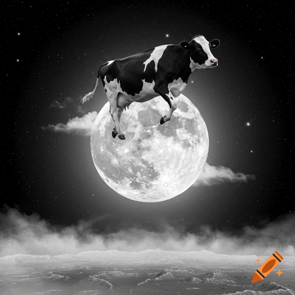 A black and white cow jumps over a full moon in a starry night sky above a cratered landscape.