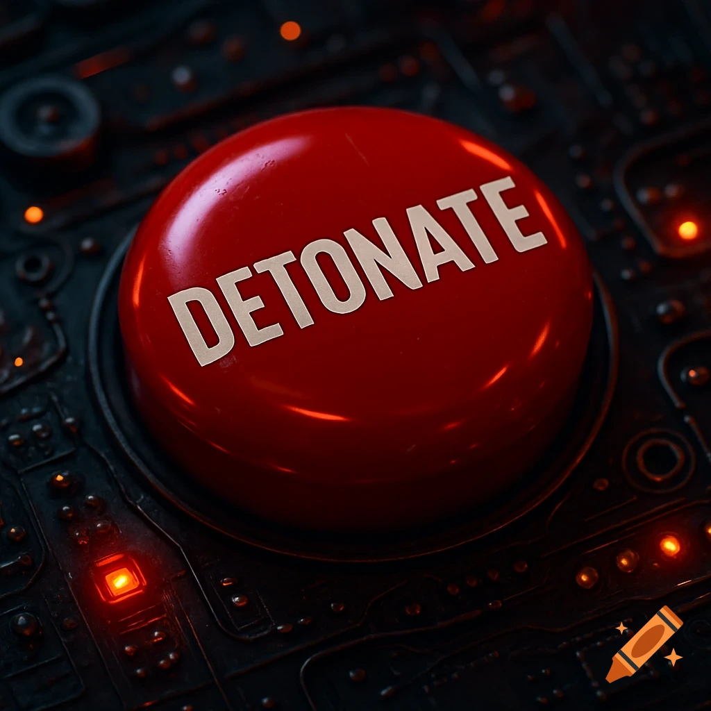 A close-up of a red button with 'DETONATE' on it, against a dark, tech-like background.