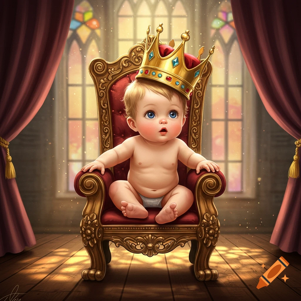 A baby wearing an oversized golden crown sits on a small red and gold throne, looking regal in a grand room.