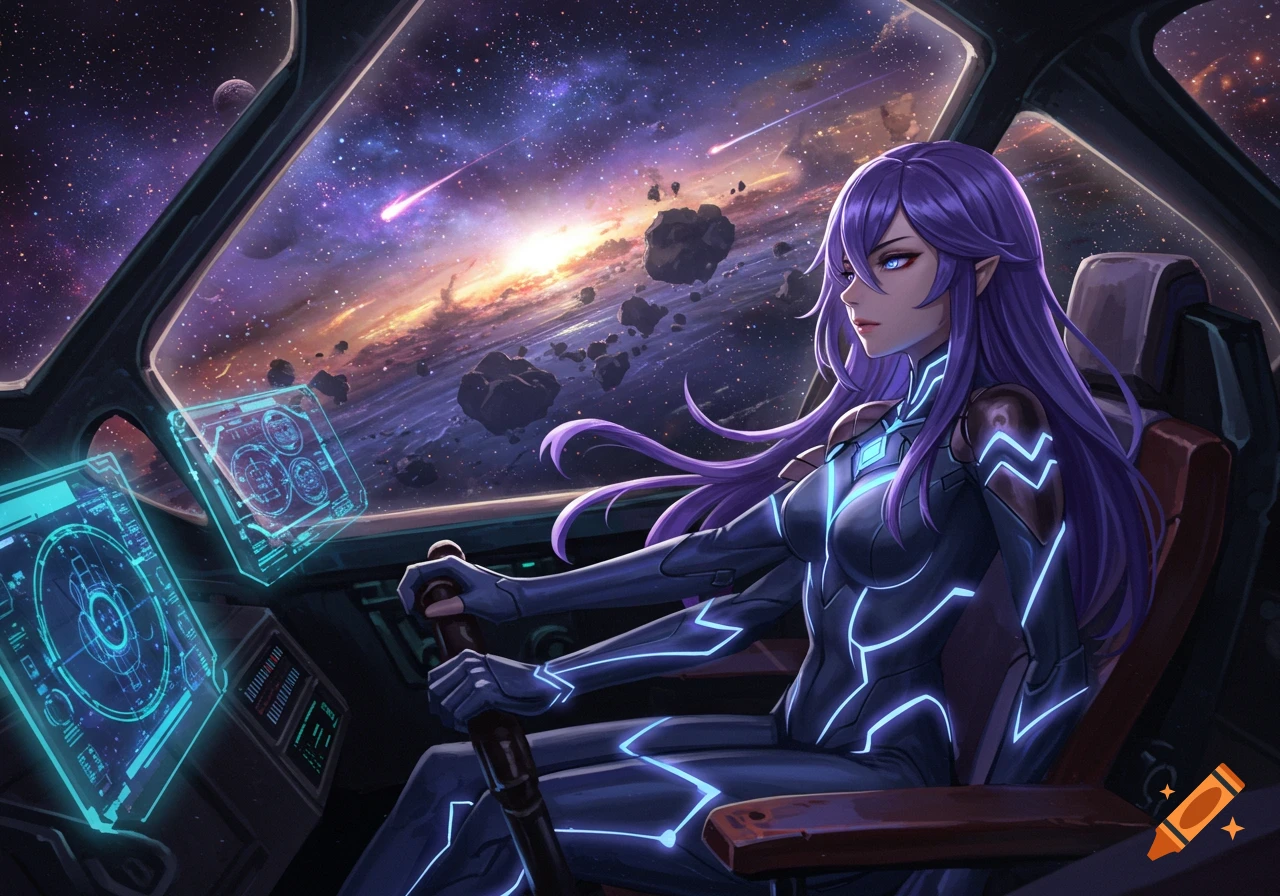 An anime-style female character with long purple hair pilots a spaceship through a colorful nebula, surrounded by asteroids.