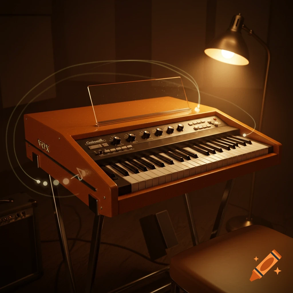 A photorealistic image of a vintage Vox Continental combo organ in a dimly lit room, illuminated by a warm desk lamp.