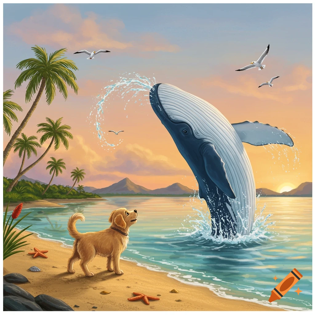 An illustration of a golden retriever puppy on a beach watching a whale breach in the ocean at sunset with palm trees.