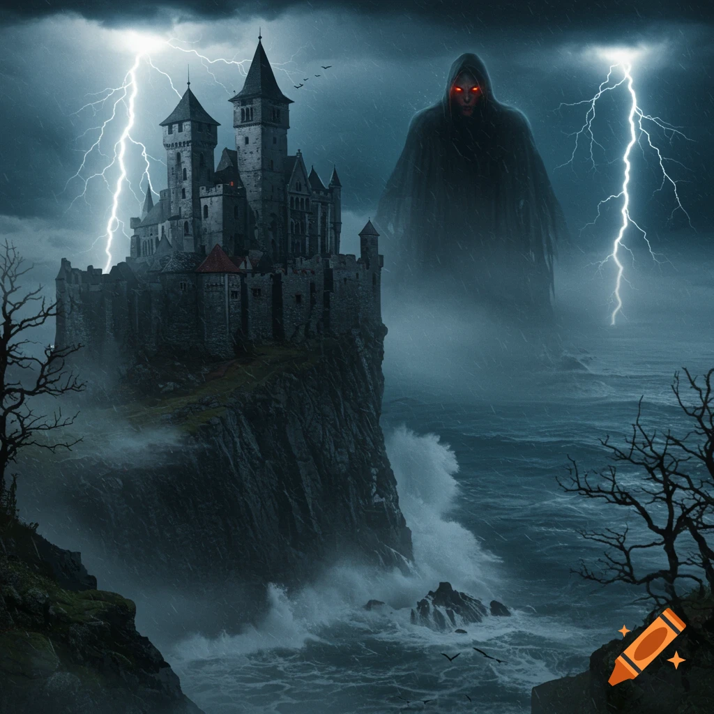 A colossal hooded figure with red eyes looms over a gothic castle on a stormy cliff with crashing waves and lightning.