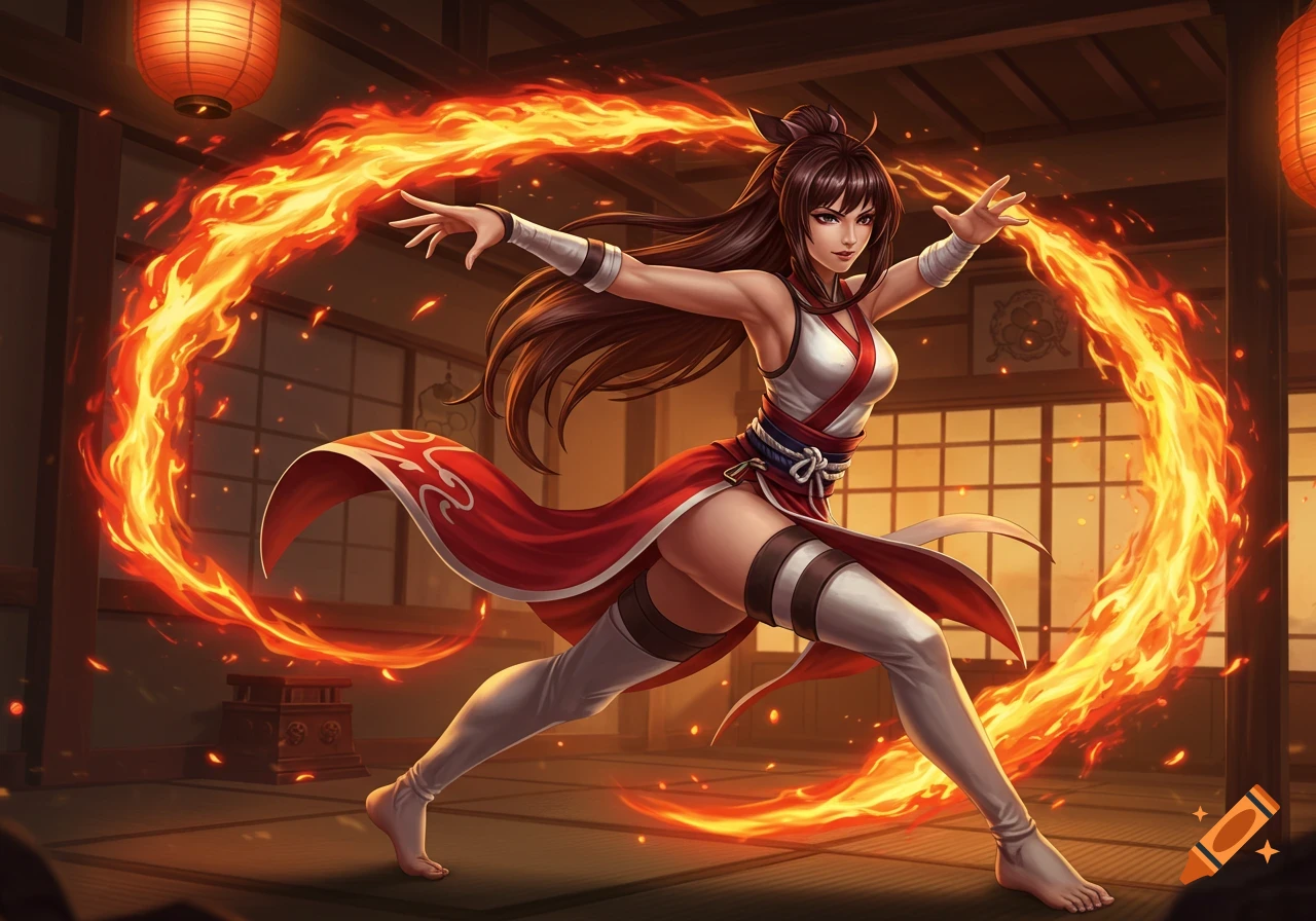 An anime-style female martial artist in a red and white outfit, surrounded by swirling fire inside a Japanese dojo.