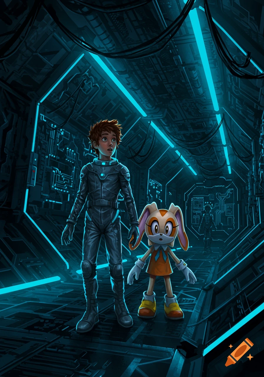 A boy in a silver spacesuit and Cream the Rabbit explore a futuristic alien spaceship with blue neon lights.