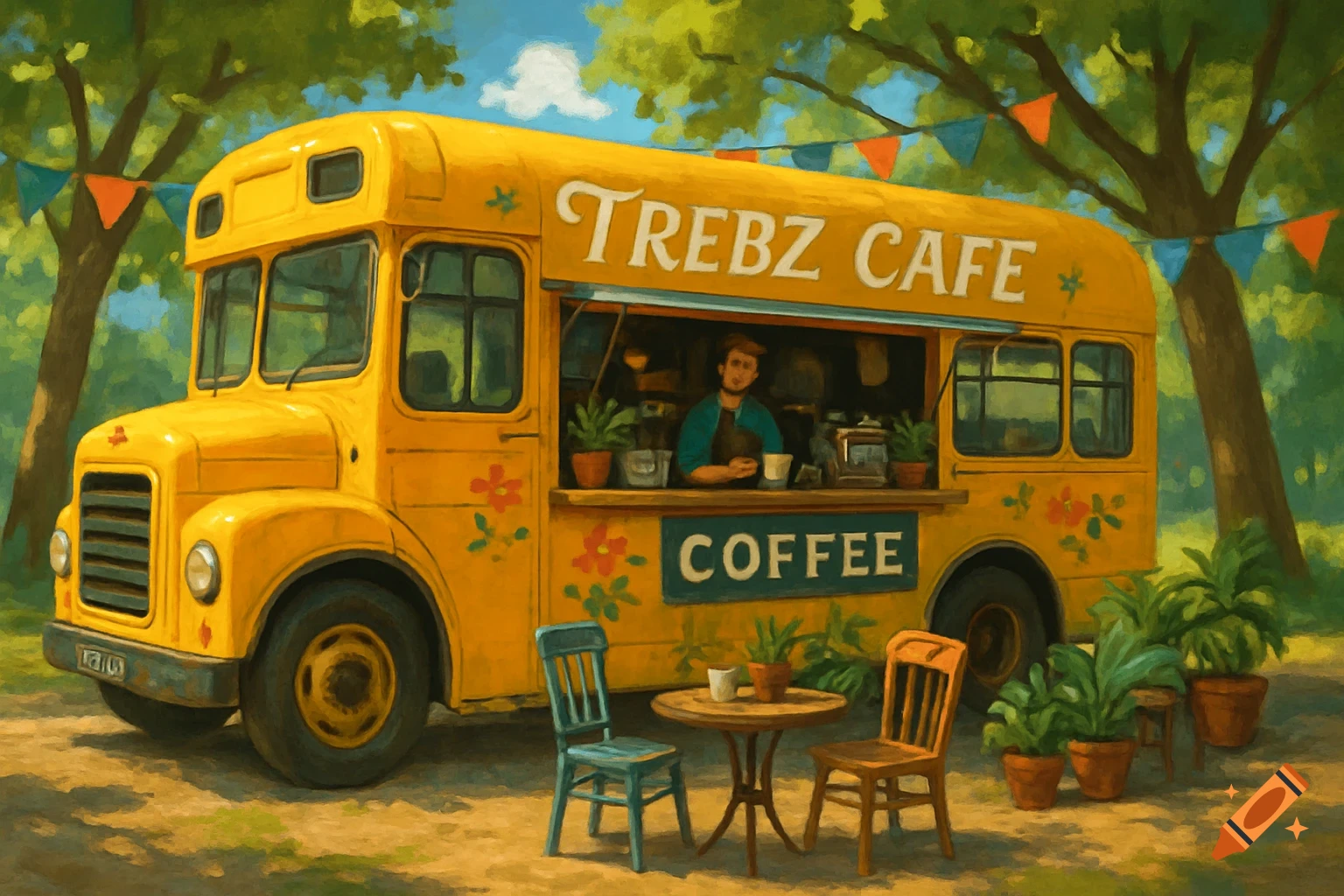 A yellow vintage school bus converted into Trebz Cafe, a mobile coffee shop with a barista, outdoor seating, and potted plants, in a painterly style.