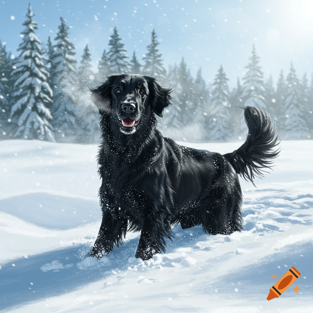 A happy black flat-coated retriever dog stands in deep snow during a snowfall in a winter forest, looking at the viewer.