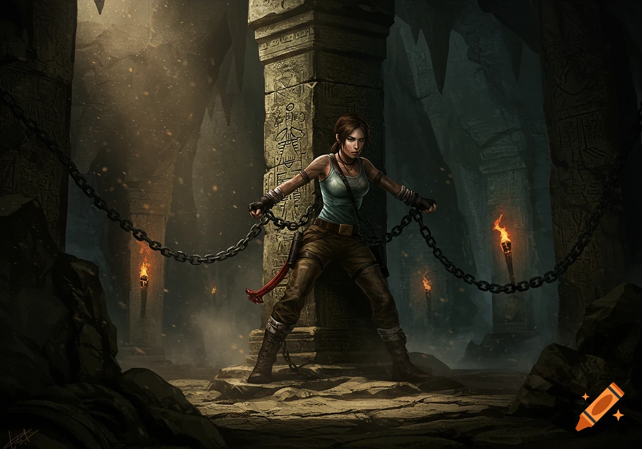 Lara Croft chained to a stone pillar in a dark, torch-lit ancient ruin.