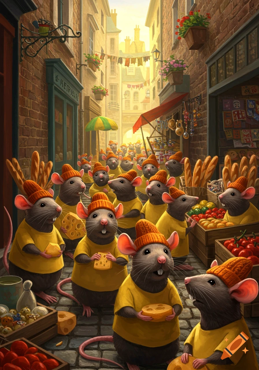 A crowd of anthropomorphic rats in yellow shirts and orange hats gathers in a bustling market street, many holding cheese.