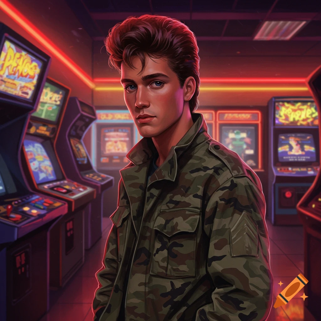 Young man with styled hair and camo jacket in a neon-lit 80s arcade.
