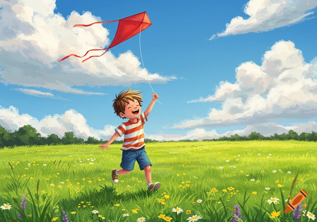 A happy boy runs through a green field with wildflowers, flying a red kite under a blue sky with white clouds. Illustrated.