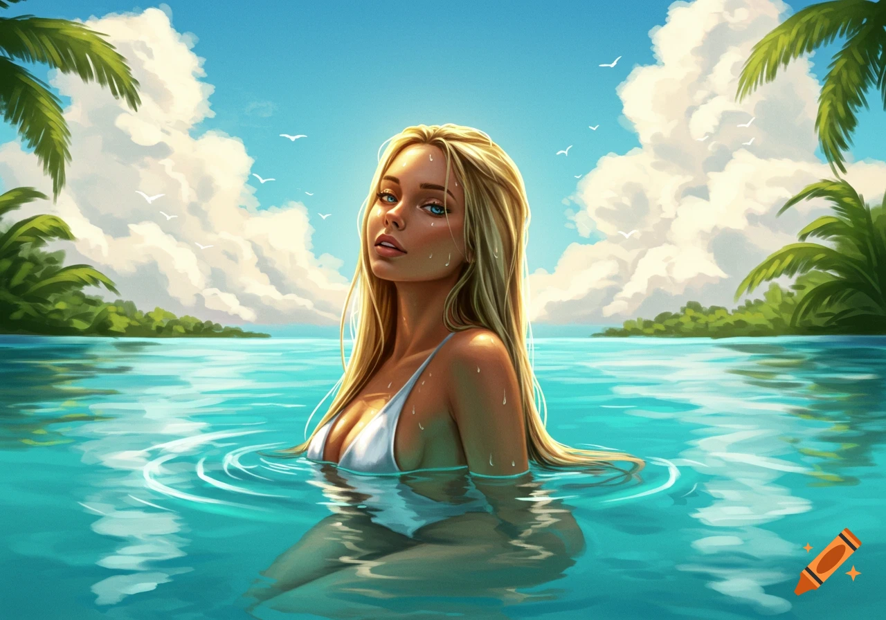 Digital art of a blonde woman in a white swimsuit partially submerged in bright blue tropical water, with palm trees and clouds in the background.