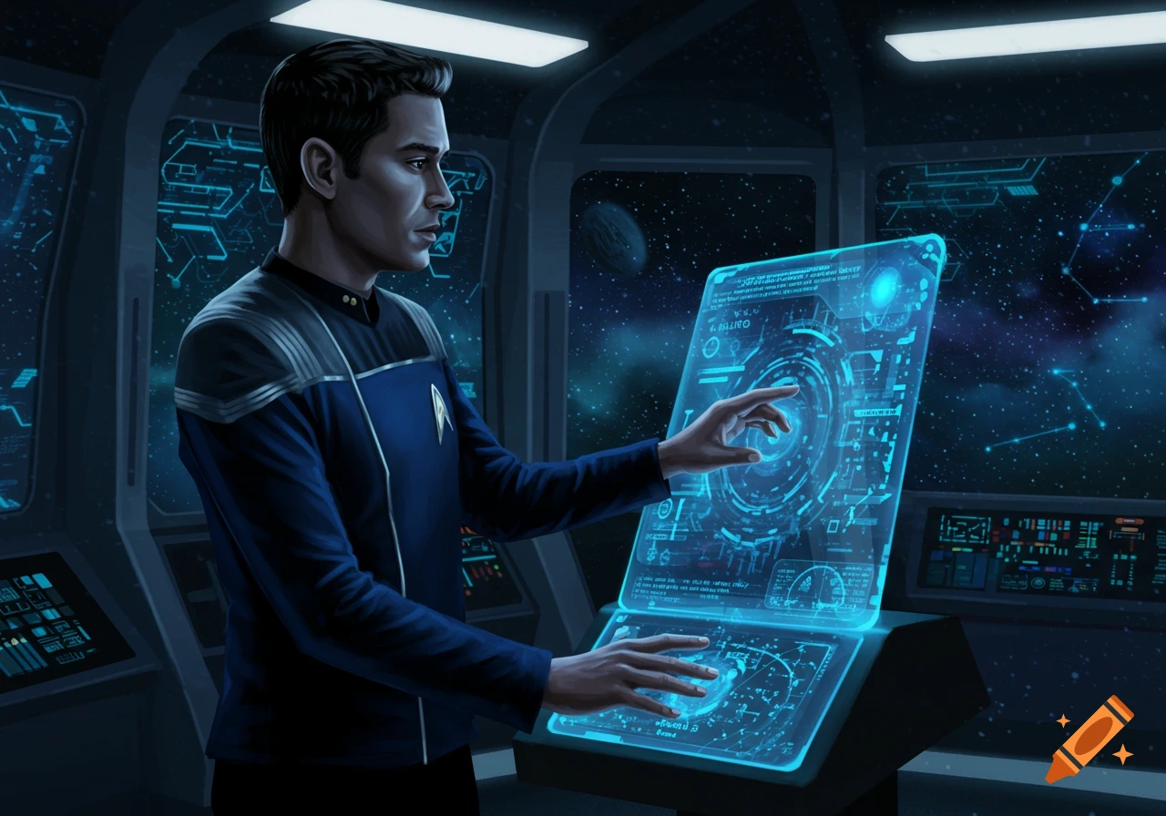 A man in a blue Starfleet-like uniform interacts with a bright blue holographic control panel on a starship bridge, with a view of space outside.