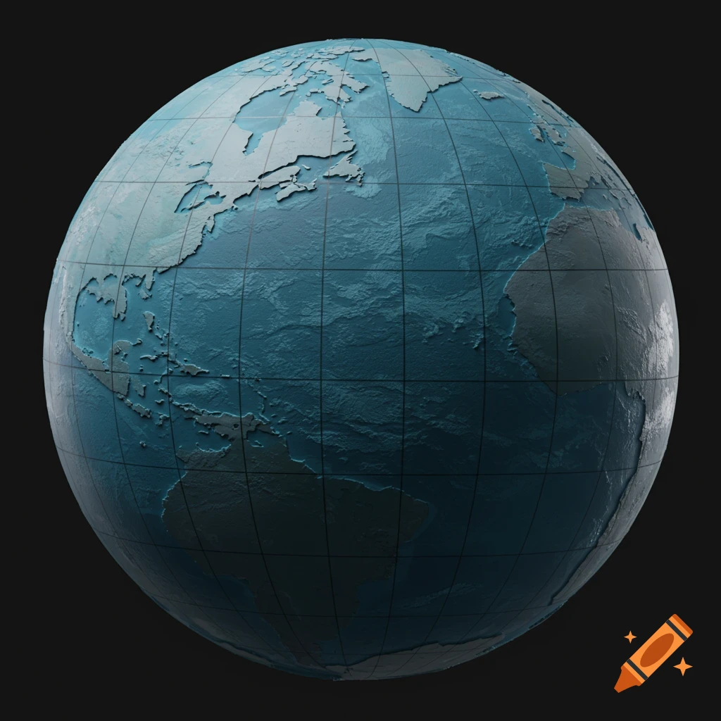 A detailed blue-green globe with textured oceans and visible continents, overlaid with a grid of lines, against a dark background.