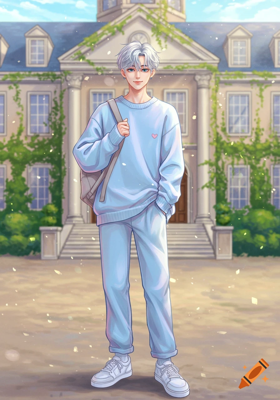An anime-style boy with silver hair wearing a light blue pastel outfit and a backpack stands in front of a school building.