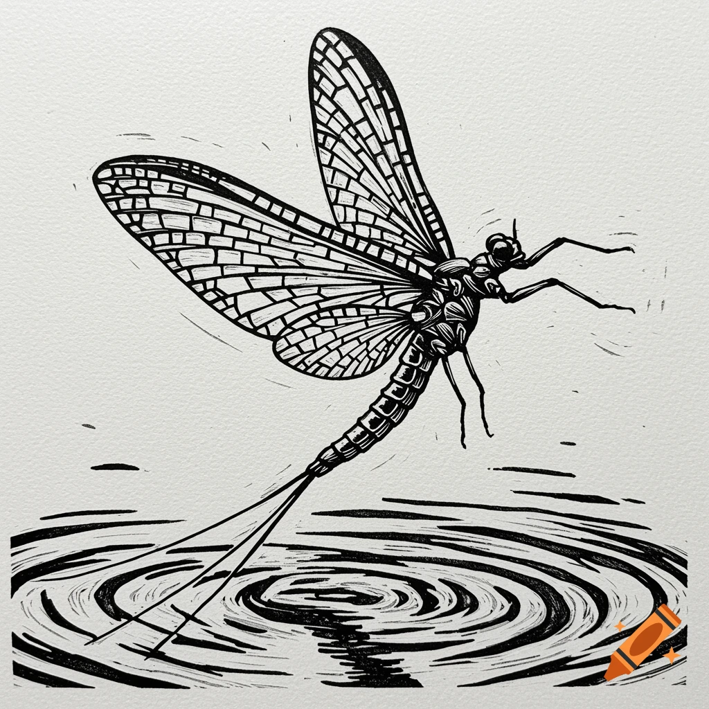 A black and white linocut illustration of a mayfly with detailed wings, hovering above water ripples.