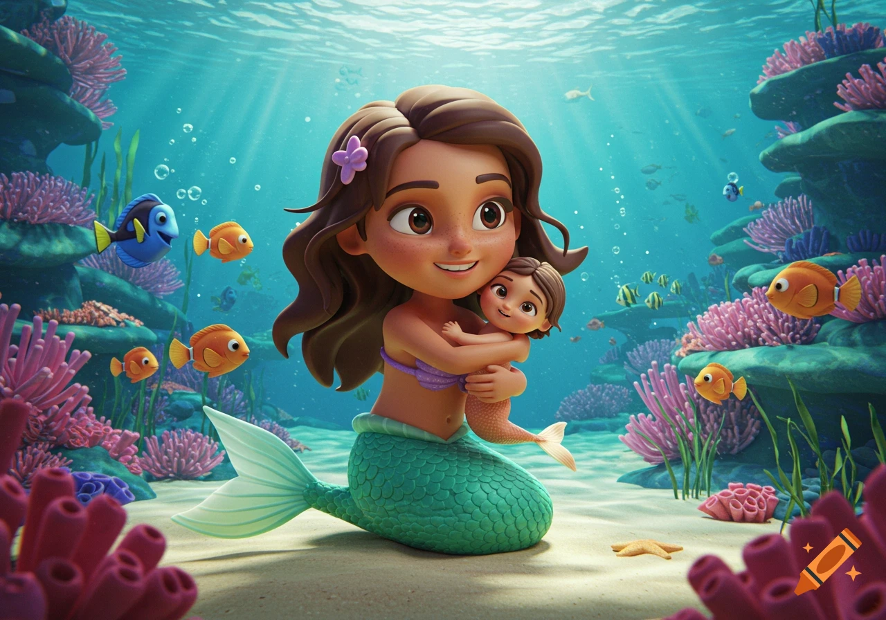 A smiling 3D animated mermaid holds a baby mermaid underwater surrounded by colorful coral and fish.
