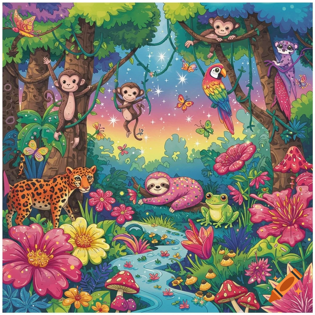Vibrant cartoon jungle scene with monkeys, a jaguar, sloth, parrot, and frog among colorful flowers, trees, and sparkling water.