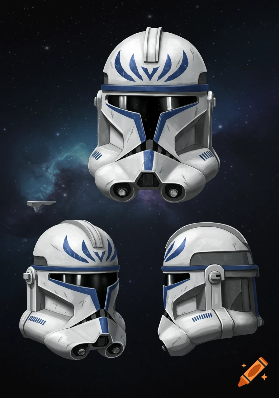 Three detailed views of Captain Rex's clone trooper helmet from Star Wars against a starry space background.