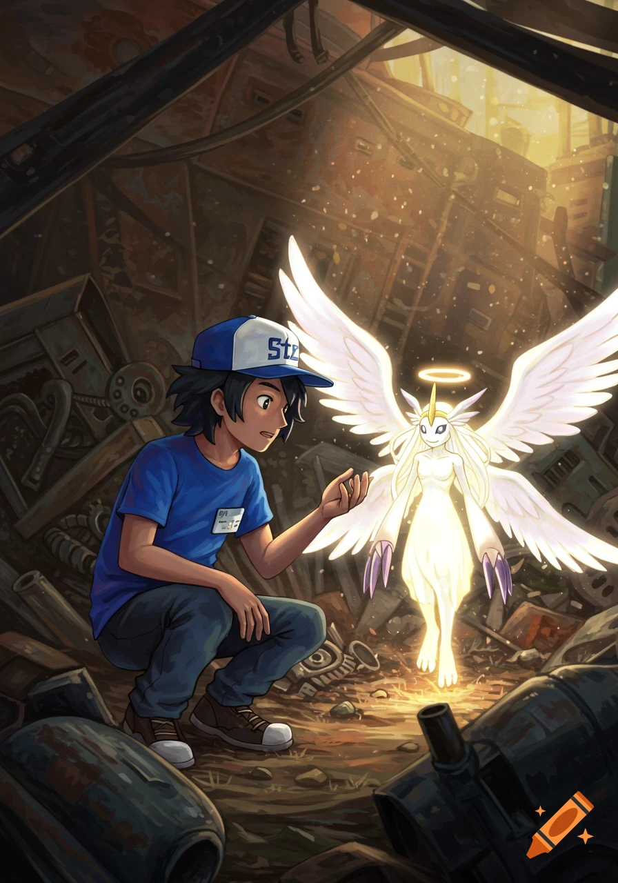A boy in a blue cap and shirt crouches in a junkyard, looking at a glowing, winged angelic creature, in an anime art style.