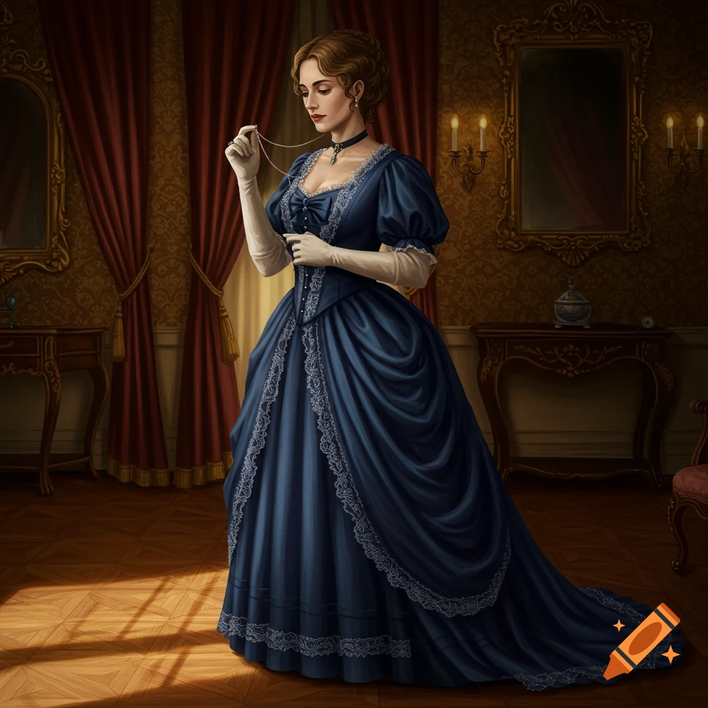 A Victorian woman in an opulent room, dressed in a blue gown, holding a necklace.