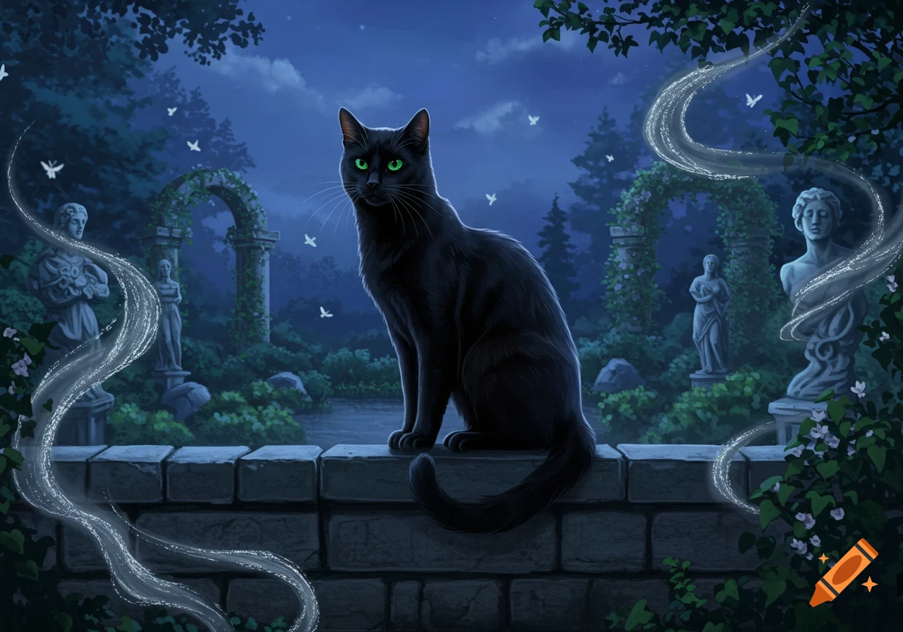 A black cat with green eyes sits on a stone wall in a moonlit, mystical garden with ancient statues, arches, and glowing wisps.