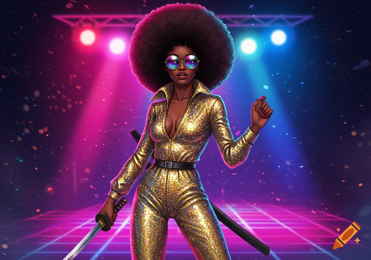 A woman in a sparkling gold jumpsuit, afro, and sunglasses holding a katana on a neon disco floor with pink and blue lights.