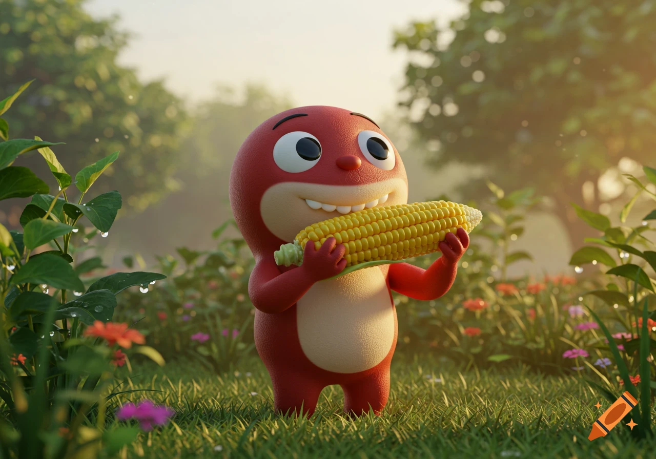 A cute red cartoon character with big eyes smiles while holding a large ear of corn in a sunny, grassy field.