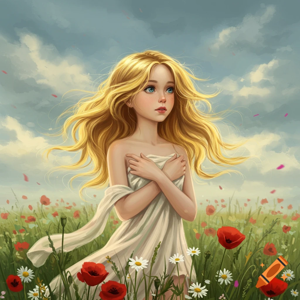 A blonde girl in a white dress stands in a field of red poppies and white daisies under a cloudy sky, looking up. Digital art.