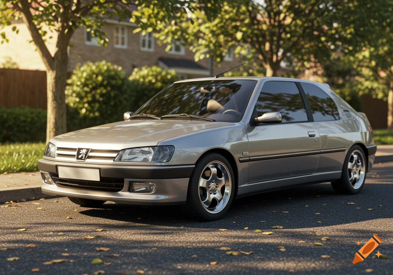 A photorealistic image of a silver 1994 Peugeot 306 XN hatchback parked on an asphalt road under dappled sunlight.