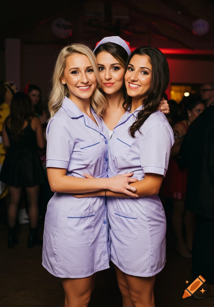 Three smiling women in light purple, nurse-like uniform dresses pose together at a party.