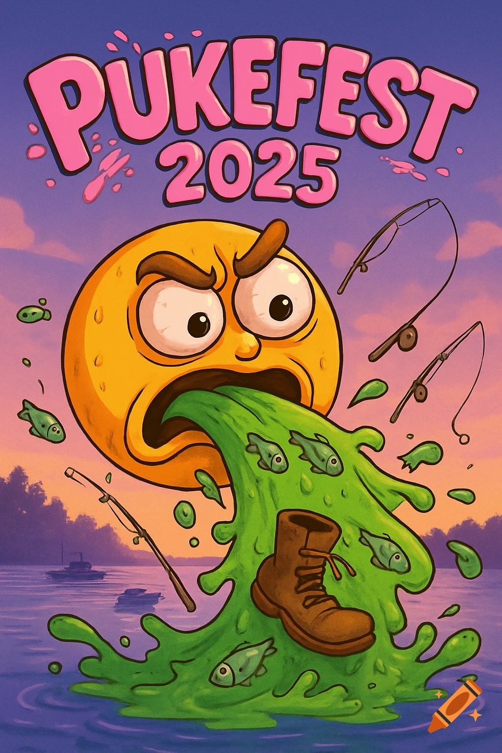Cartoon poster: angry yellow emoji puking green liquid, fish, boot into lake. Fishing rods. Text: 'PUKEFEST 2025'.