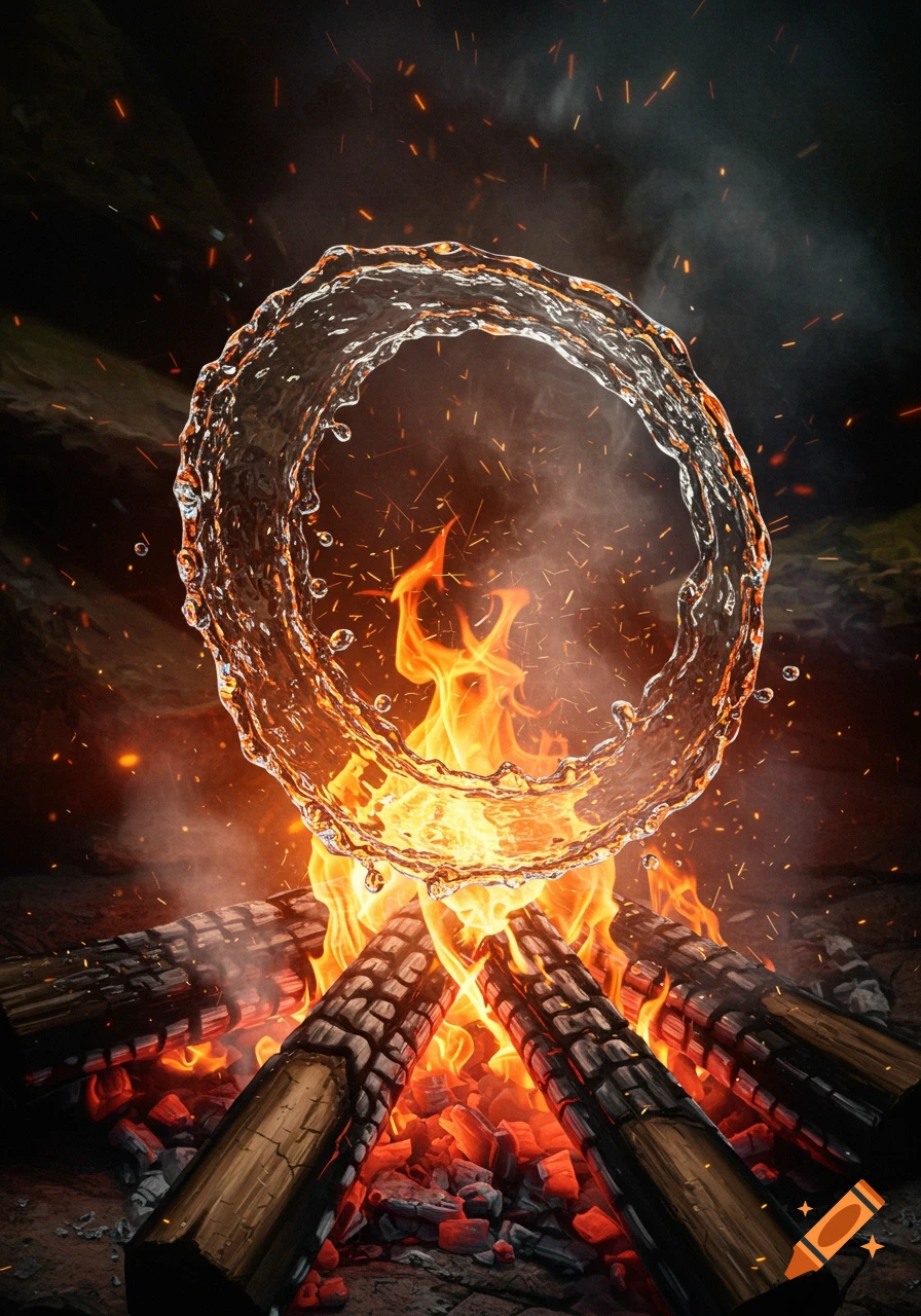 A dynamic shot of a large splash of water forming a ring above a roaring campfire, with embers flying.