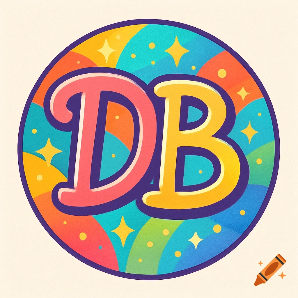 A vibrant, colorful circular icon with the letters "DB" in the center, featuring stars and textured background.