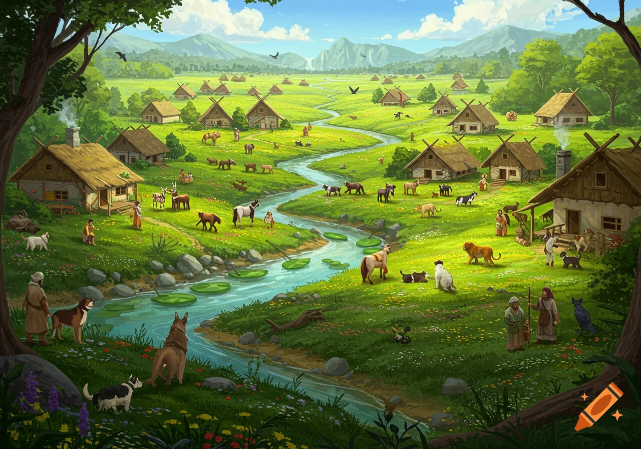 Vibrant illustration of a utopian village in a green valley with simple homes, a winding river, people, and diverse animals.