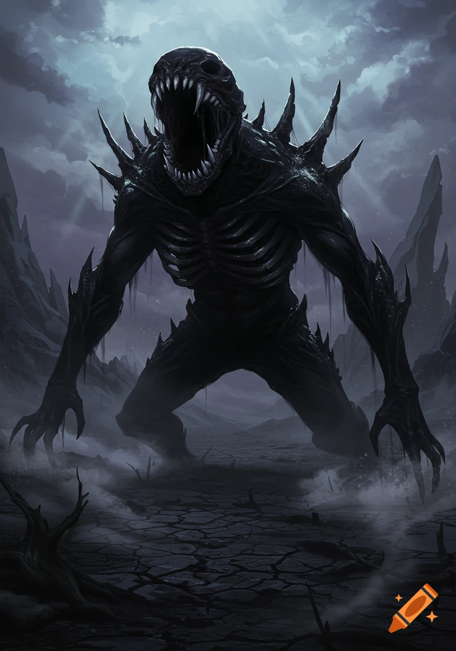 A dark, spiky, jet-black monster with a large, open, toothed mouth stands in a misty, cracked desolate landscape under a stormy sky.