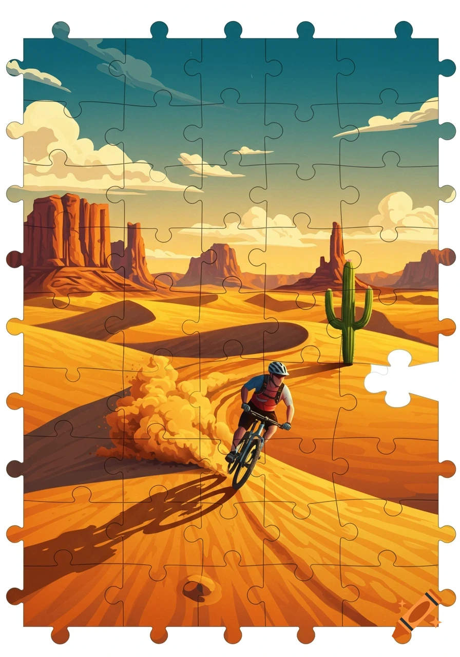 A stylized desert landscape with a mountain biker kicking up dust, depicted as a jigsaw puzzle with one piece missing.